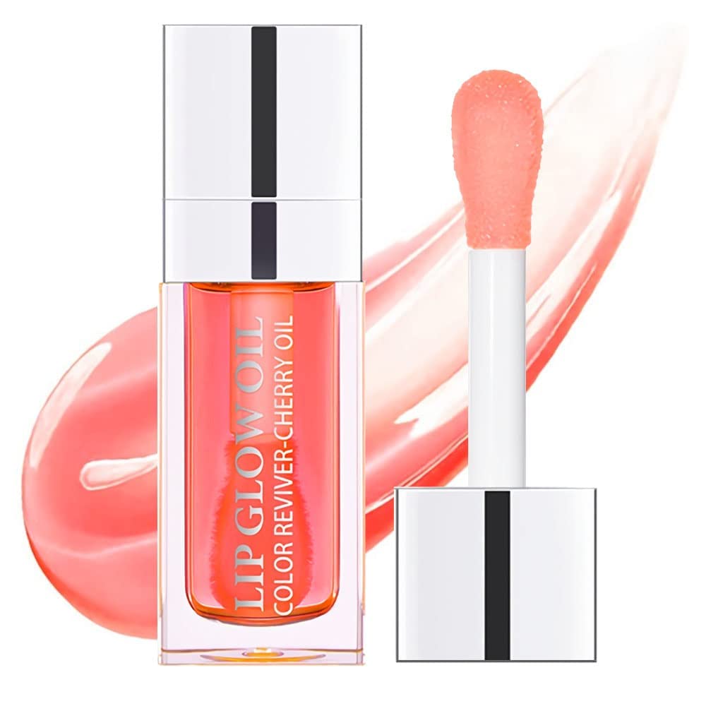 Plumping Lip Oil, Hydrating Lip Gloss Tinted Lip Balm Lip Care Transparent Toot Lip Oil, Long Lasting Nourishing Lip Glow Oil Non-sticky Big Brush Glitter Shine Primer Lip Tint (Pink)