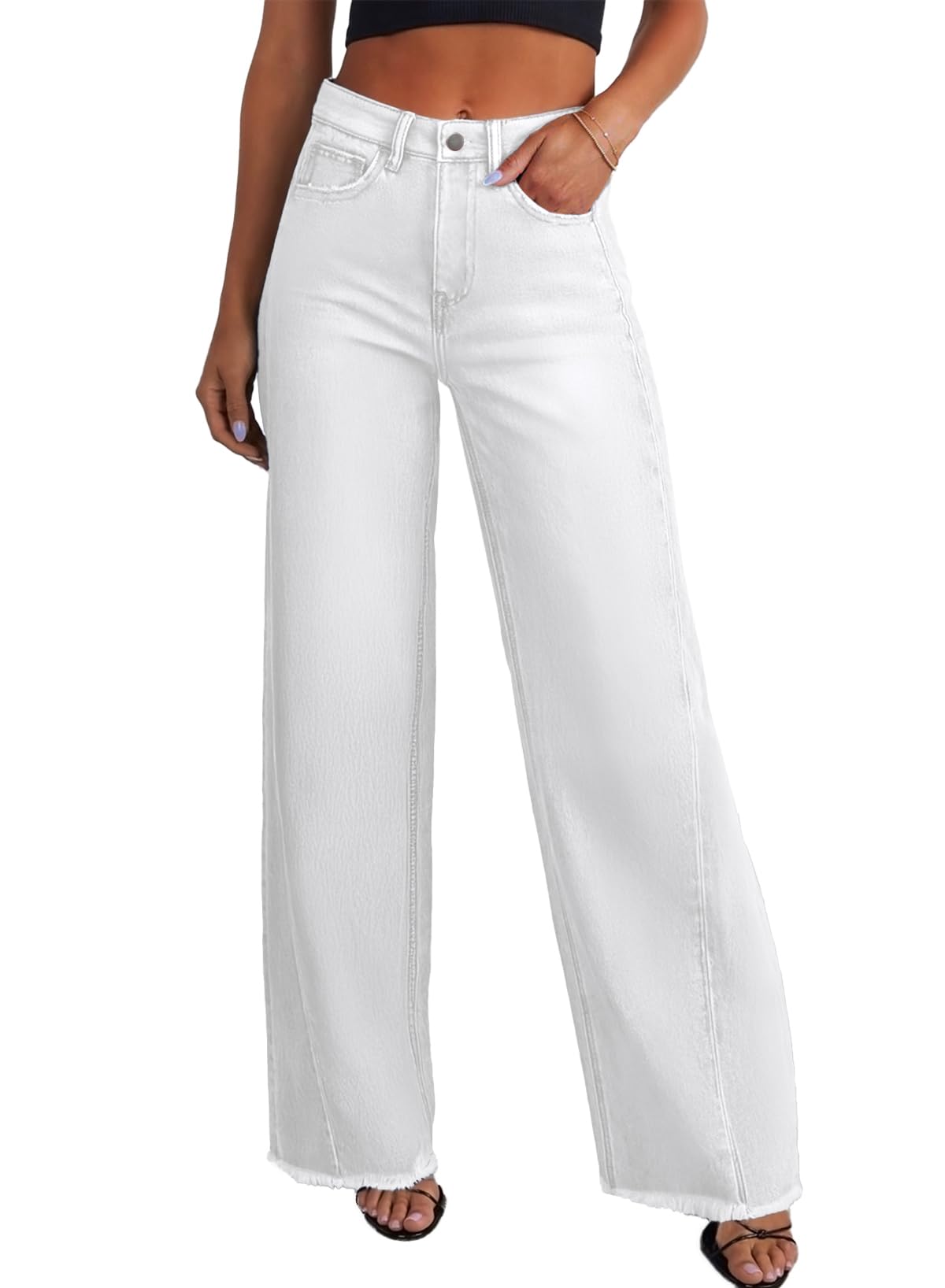 Photo 1 of (SIZE 8) (USED/FAIR) Sidefeel Women's Wide Leg Jeans High Waisted Stretchy Raw Hem Denim Pants Size 8 White