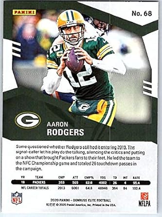 Amazon Com 2020 Donruss Elite Football 68 Aaron Rodgers Green Bay Packers Official Panini Nfl Trading Card Collectibles Fine Art