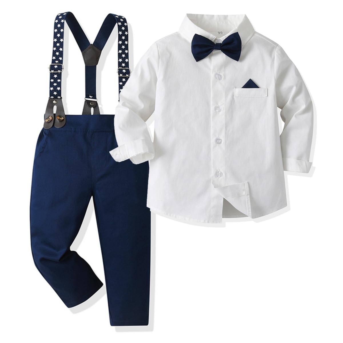 Photo 1 of SALNIER Toddler Dress Suit Baby Boys Clothes Sets Bowtie Shirts Suspenders Pants 4pcs Gentleman Outfits Suits 6 Month 6 Years(B-white,3T)