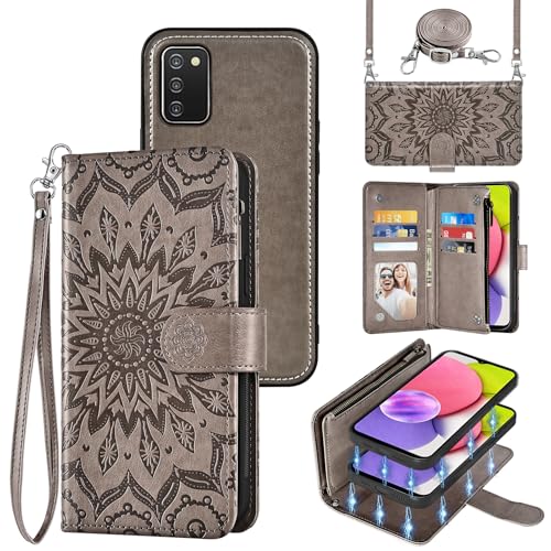 Phone Case for Samsung Galaxy A03s Zipper Wallet Magnetic Detachable Cell Cover with Screen Protector Crossbody Lanyard Strap Flower Flip Card Holder Slot Ao3s A 03s A037 A037G A037F Women Men Gray
