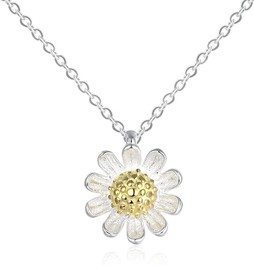 IMINI Daisy Flower Pendant Necklace for Women Girls S925 Sterling Silver Tiny Small Floral Sunflower Two Tone Pendant Vintage Delicate Trendy Choker Simple Chain Cute Jewelry Birthday Gift Box