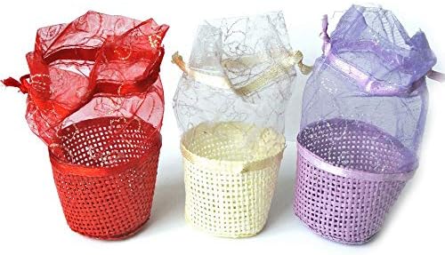 Woven Baskets with Organza Sheer Mesh Bag SET of 6 pcs โ Small Mini Colored Baskets โ Decorations Games Storage and Crafts โ Christmas Birthday Halloween Party Supply Baby Shower Favor Bag 003A