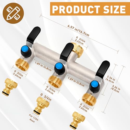 OPERMAXER 3-Way Tap Water Distributor, 304 Stainless Steel Handle, 3/4 Inch Brass Water Connection Distributor with Individual Shut-off Valves, 3 x 3/4 Inch Distributor Outlets for Appliances/Garden Hoses