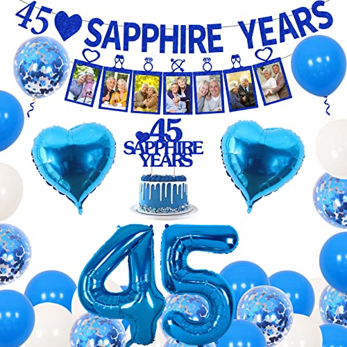 Happy Anniversary Blue 45th Sapphire Years Glitter Banner Cake Topper Happy 45 Anniversary Photo Banner Navy Blue Confetti Balloons Navy Heart Foil Balloons for 45 Years Wedding Party