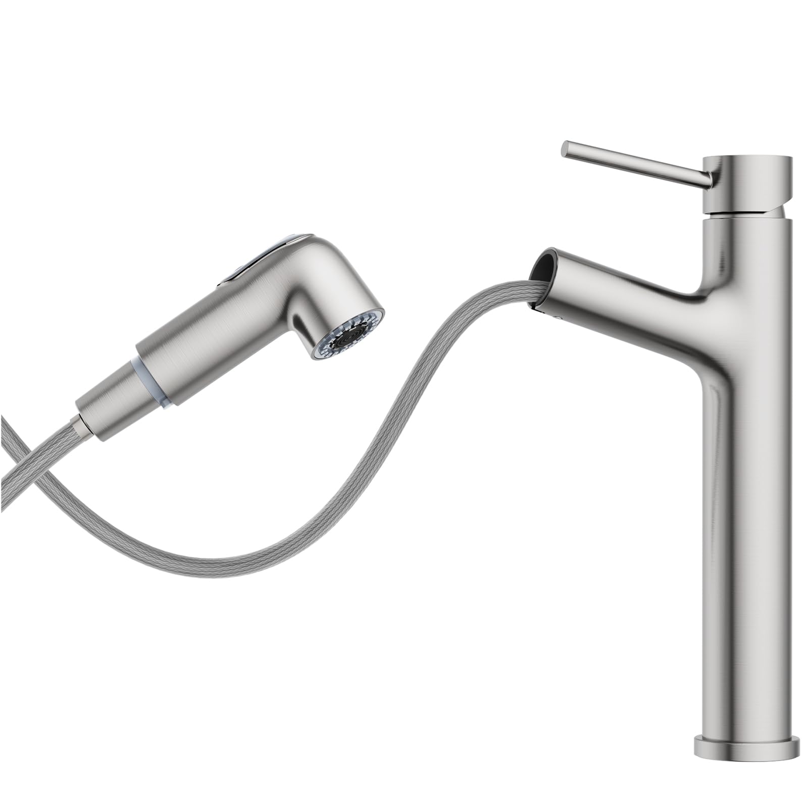 Photo 1 of Vessel Sink Faucet with Pull Out Sprayer, Hurran Tall Bathroom Faucets with Pop Up Drain, Stainless Steel Single Handle Faucets with 2 Spout Patterns, Brushed Nickel