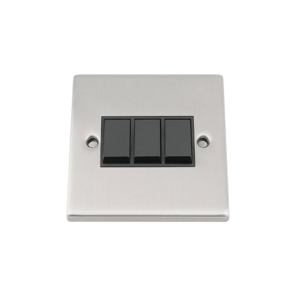 Light Switch 3 Gang - Satin Matt Chrome - Square - BLack Insert Plastic Switch - 10 Amp Triple 3 Gang 2 Way