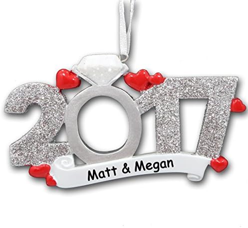 Personalized Engaged Glitter 2017 with Wedding Engagement Ring Christmas Ornament with Couple's Names