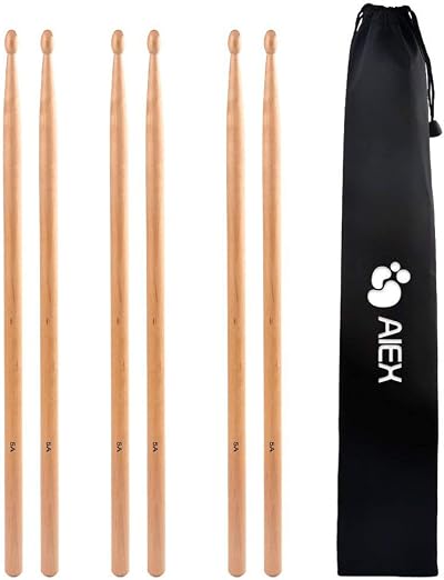 AIEX 5A Drumsticks 6 Pairs Maple Wood 16 Inch with Waterproof Bag