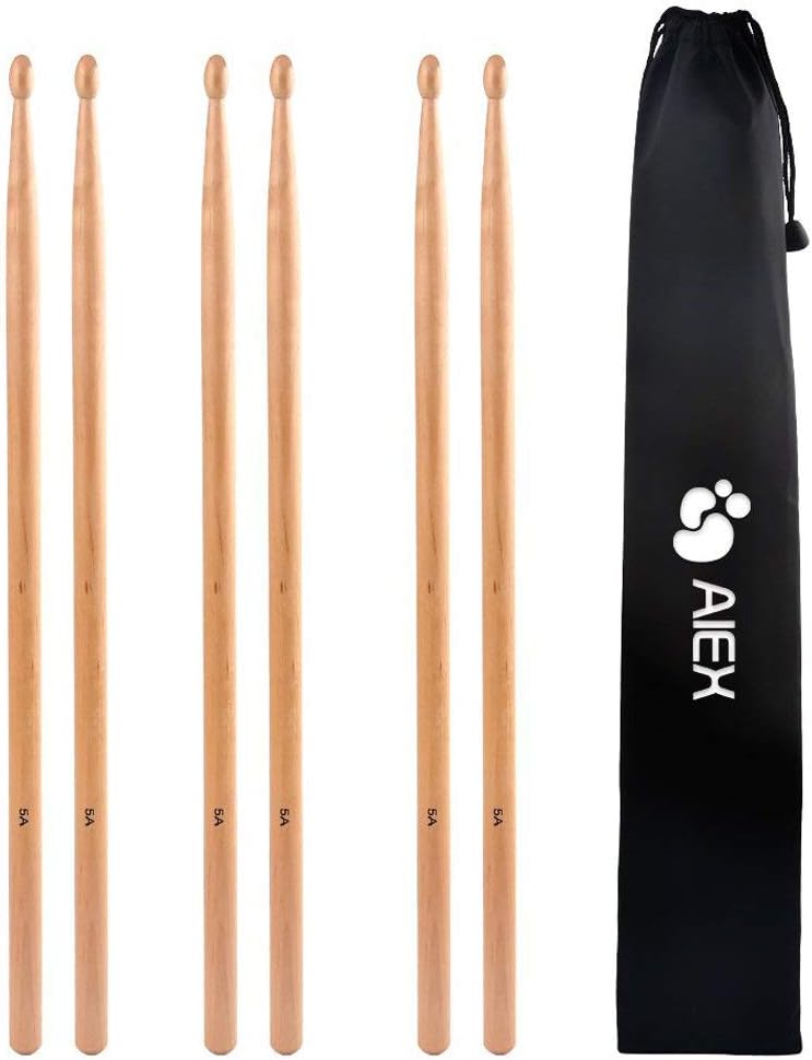 AIEX 5A Drumsticks 6 Pairs Maple Wood 16 Inch with Waterproof Bag