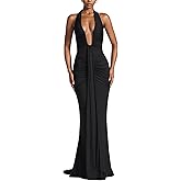 DINGANG Women's Sexy Halter Maxi Dress V Neck Sleeveless Bandage Ruched Bodycon Formal Cocktail Dresses