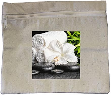 Canvas Zipper Pouch Tote Bag 10"X12" Spa Concept White Hibiscus Flower Bamboo