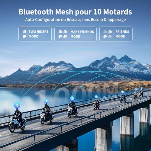 Fodsports FX7 Motorcycle Intercom Bluetooth Mesh - 10 Motorcyclists Bluetooth Mesh Communication System for Helmet with Mixing/3 Channels/Music Sharing/FM Radio/IP67 Waterproof
