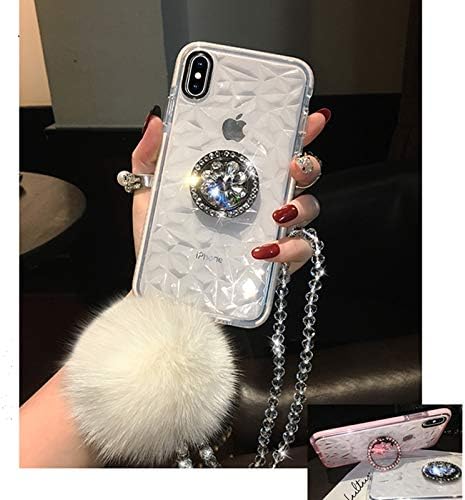 for Samsung Galaxy Note 10 Plus Case with Fur Ball, Clear Crystal TPU Case with Bling Diamond Ring Stand Holder and Furry Ball Lanyard Strap Case for Girls Women (Hairball White)