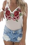 Rokiney Women Sexy Spaghetti Strap Floral Embroidery Sheer Mesh Bodysuits Tops