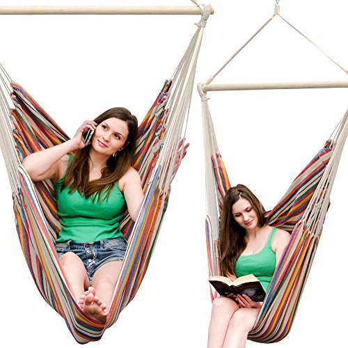 Eyepower XXL Hängesessel 185x130cm Hängestuhl bis 150 kg Baumwolle Hängesitz 2 Personen Hängematte Hängeschaukel Bunte Streifen – Bild 8