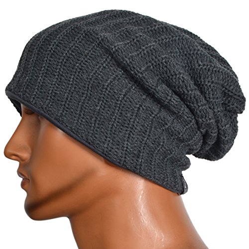 Men's Cool Cotton Beanie Slouch Skull Cap Long Baggy Hip-hop Winter Summer Hat B305 (Ribbed-Grey)