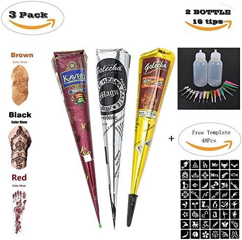 3Pcs Temporary Tattoo India Henna Cones Tube Tattoo Kit Temporary Paste Brown,Black,Red Cones for Body Art Drawing Painting with 2Pcs Tattoo Bottle,16 pcs Needles,48Pcs Free Henna Stencil Set