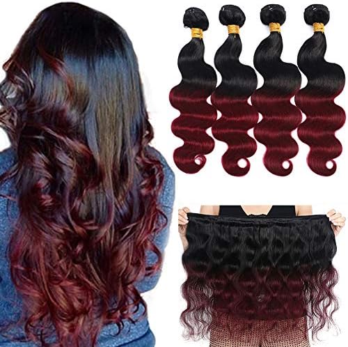 Ombre Brazilian Hair Body Wave Bundles 4pcs,Ombre Brazilian Virgin Hair Human Hair Weave Two Tone Black to Burgundy (T1B/99J,20 22 24 26)