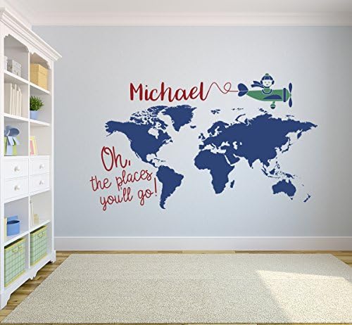 Custom World Map Name Wall Decal Nursery Airplanes Theme Decor Art Removable Oh the Places you'll go Sticker Vinyl (62"W x 38"H)