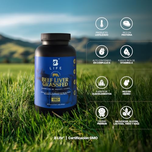 Hígado Vacuno de Res de Nueva Zelanda alimentada con pasto 180 Cápsulas 1400 mg por porción. Ingredientes 100% Naturales. Beef Liver Grassfed B Life.