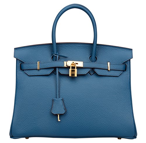 Ainifeel Women's Padlock Handbags with Golden Hardware (35 cm, Blue stitched-peacock blue)