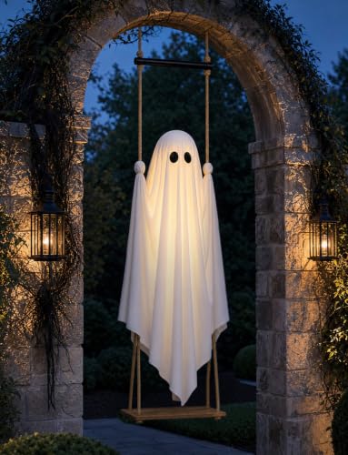 Joyehome Halloween Decorations Outdoor 4.6FT Pre-Assembled Hanging Swing Ghost with Remote Lights Spooky Hanging Ghosts for Porch Yard Tree Party