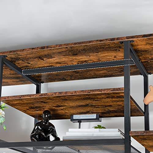 3 Tier TV Stand Table for Living Room, 140 cm TV Shelf for up to 40-65 Inch, TV Unit with Charging Station, Industrial TV Entertainment Center with Open Shelves for Bedroom, Rustic Brown EBF40KDS01