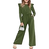 Haloumoning Girls Jumpsuit Kids Fashion Ruffle Long Sleeve Belted Wide Leg Romper One Piece Fall Outfits 5-14 Years