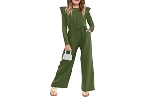 Haloumoning Girls Jumpsuit Kids Fashion Ruffle Long Sleeve Belted Wide Leg Romper One Piece Fall Outfits 5-14 Years