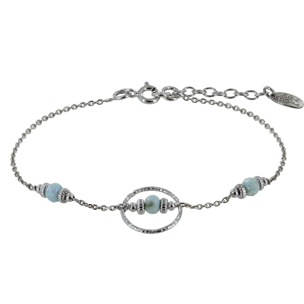 LES POULETTES BIJOUX - Rhodium 925 Silver Bracelet Chiseled Ring Three Small Faceted Larimar Beads and Zebra Rings