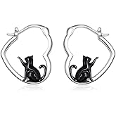 QMTIHU Cat Earrings for Women 925 Sterling Silver Black Cat Heart Hoop Earrings Animal Jewelry Gifts for Women Mom Her