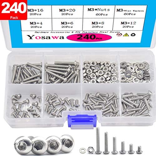 Yosawa 240-Pieces M3 Stainless Steel Screws Hex Socket Button Head Bolts with Flat Washers Screws Assortment Kit GM3