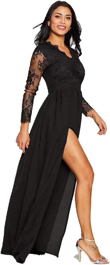 Vcegari Women S Long Sleeves Prom Lace Dresses V Neck High Slit