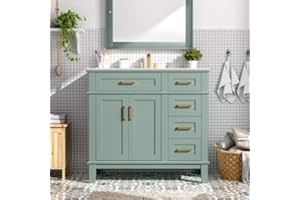 36 Inch Bathroom Vanity with Ceramic Sink, Soft-Close Drawers & Flip Storage, Gold Handles Modern Solid Wood Cabinet (Light G