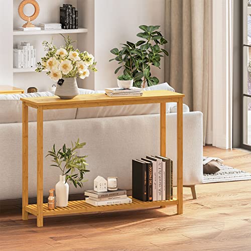 VIAGDO Narrow Console Table with Storage Shelves, 2 Tiers Sofa Table