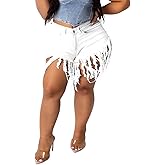 PINSV Women's Plus Size Fringe Denim Shorts Tassels Jean Short Pants