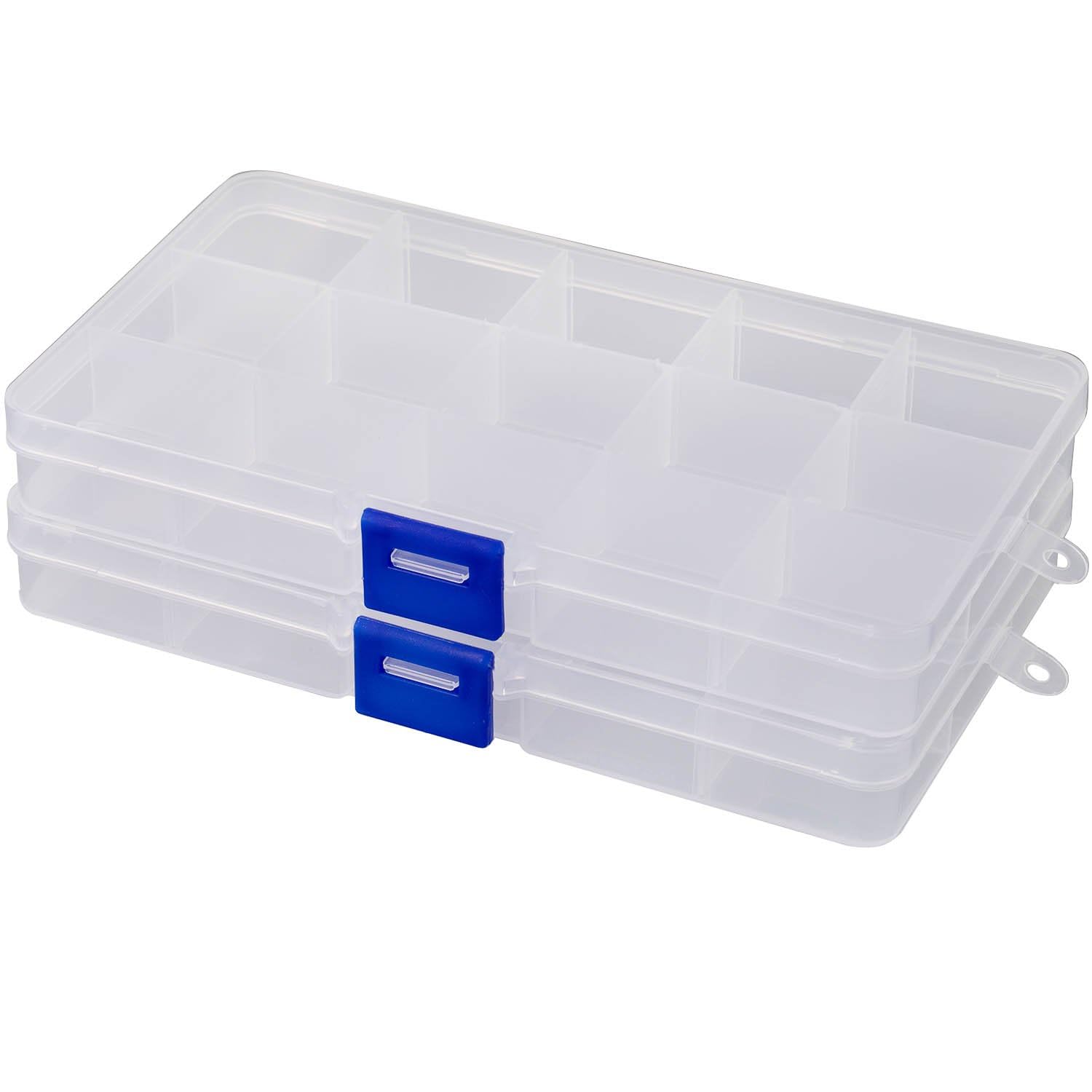 YoiYee 15-Grid Transparent Jewellery Organizers Box with Adjustable Dividers - Small Clear Plastic Storage Boxes for Jewelry, Cosmetics, Crafts, Hair Accessories (Blue Buckle), Pack of 2 — image 1