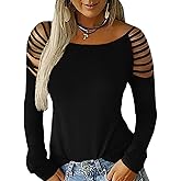 Cicy Bell Women's Long Sleeve Cold Shoulder Tops Plain Hollow Out Boat Neck Casual Blouses Shirts
