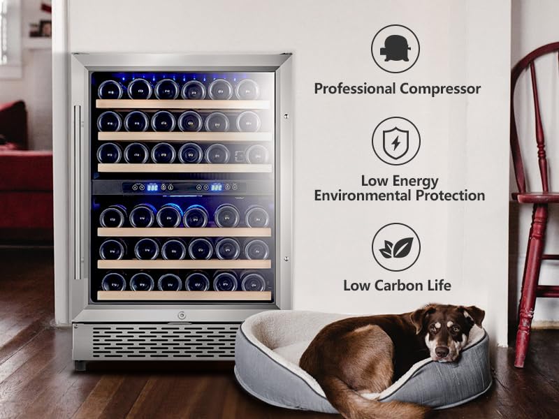 Karcassin 24 Inch Wine Cooler Refrigerator, 46 Bottle Built-in Freestanding Stainless Steel Double Layer Glass Door, Dual Temp Zones Wine Fridge for Red & White Wine with Advanced Cooling System