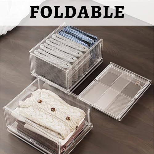 Jorunb Neutral Style Wardrobe Organizer Plastic Storage Bin Sweater Drawer Shelf Storage Container for Cupboard Kitchen Bathroom Office Bedroom (Transparent, Small 03)