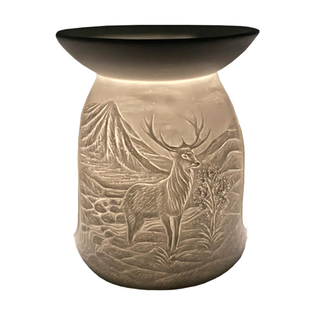 Cello Tealight Wax Melt & Oil Burner, Highland Stag, Stunning Porcelain Decor. Use as Wax Melt Burners or Essential Oil Burner and Magically Fragrance Your Room. Deer Ornament and Deer Gifts For Women