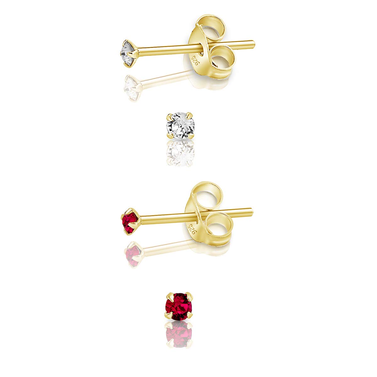 DTPSilver - Set of 2 PAIRS of 925 Sterling Silver Yellow Gold plated Round TINY Stud Earrings made with Glittering Crystals from Swarovski® Elements - Diameter: 2 mm - Colour : Ruby
