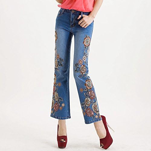 XiaoGao Women's jeans, nail beads, trumpet embroidery, embroidered pants, stretch pants
