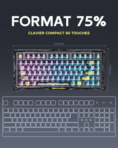 GravaStar Mercury K1 Lite Mechanical Gaming Keyboard with BT5.0/2.4G/Type-C, 75% Gasket RGB Backlit Gamer Keyboard, Pre-Lubricated Linear Switches, QWERTY (Black Transparent)