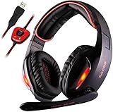 Sades SA902 7.1 Channel Virtual USB Surround Stereo Wired PC Gaming Headset Over Ear Headphones with Mic Revolution Volume Control Noise Canceling LED Light (Black/Red)