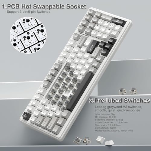 Aula F99 Keyboard Gaming Wireless Mechanical Keyboards Computer Bluetooth Creamy Keyboard Full Size Hot Swappable Custom RGB Backlit with 8000mAh Battery,Tri-Mode BT5.0/2.4GHz/USB-C (Black&White&Grey)