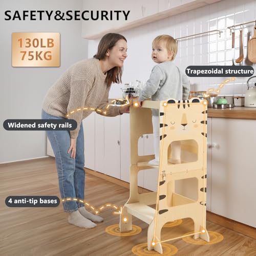 labebe Montessori Tower Children, Multifunctional Montessori Folding Wooden Tower 3 in 1 Learning Tower for Children with Tigers Chalkboard