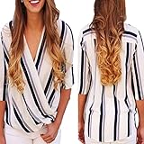 Sunward(TM) Sexy V-neck Half Sleeve Loose Striped Beach T-shirt Women