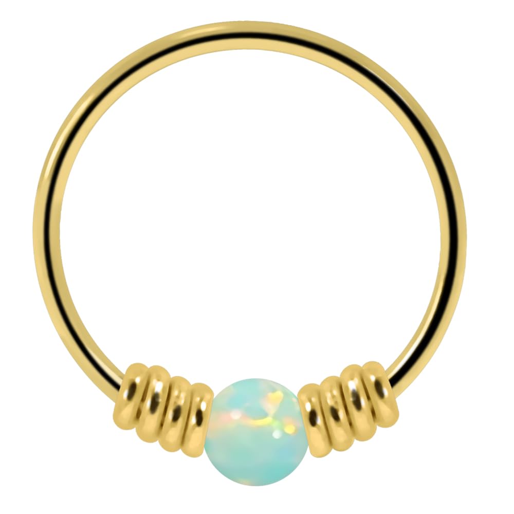 AZARIO LONDON 9K Solid Yellow Gold Light Green Opal Stone with Double Spring Coil 22 Gauge Hoop Nose Ring Tragus Helix Piercing